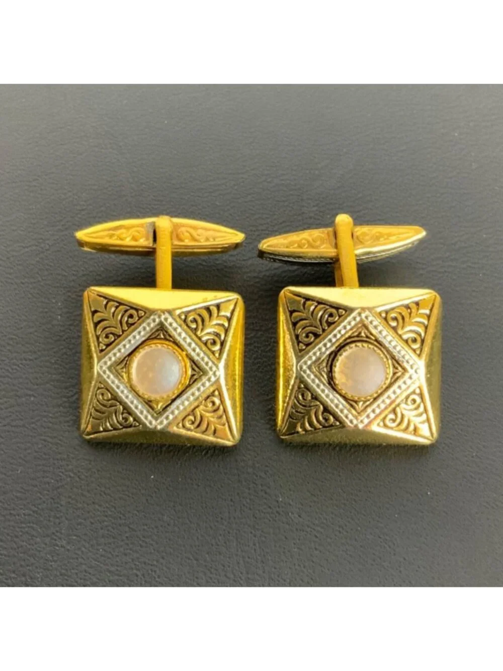 Vintage Gold-Tone Square Cufflinks With Ornate Design & Faux Pearl Accents Spain